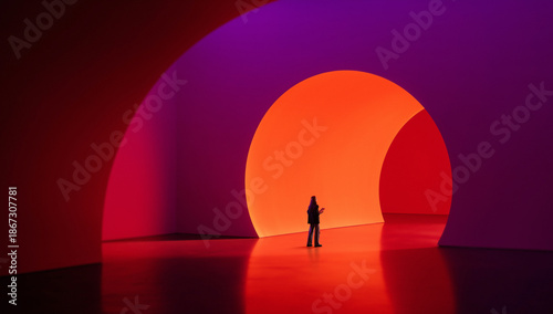 Minimalist mixed media with human figure inside abstract color tunnel. Concept of modern exhibition design, immersive installation, creative spaces, contemporary art venues and visual storytelling.