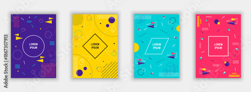 Colorful, modern design. a set of four eye-catching, unique cover designs with geometric shapes and a vibrant color palette