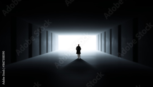 фотографія Minimalist design with lone figure facing bright light corridor in dark space