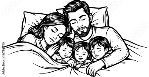 Engraved Illustration of a Family Sleeping Together Peacefully o
