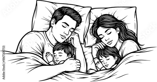 Engraved Illustration of a Family Sleeping Together Peacefully o
