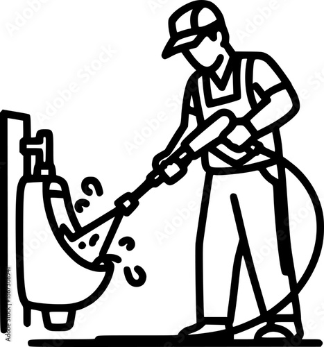 Monochrome illustration of sanitation worker power washing an ur
