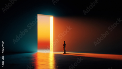 Bild auf Leinwand Surreal artwork with man standing before glowing open doorway