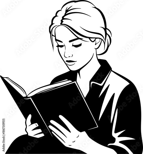 Monochrome illustration of woman engrossed in reading, minimalis
