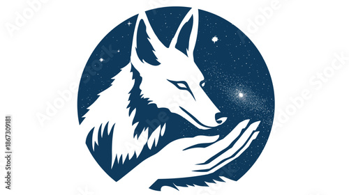 Stylized Fox Silhouette and Human Hand Against a Starry Night Sky, Symbolizing Nature, Connection, and Mystery