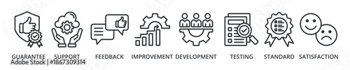 Quality assurance banner icon with guarantee, support, feedback, improvement, development, testing, standard, satisfaction