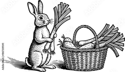 Engraved Illustration of Rabbit Holding Leeks Beside a Basket Fu
