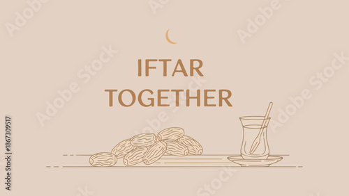 Minimalist line art illustration of Iftar together with dates, tea, and a crescent moon on a light brown background.