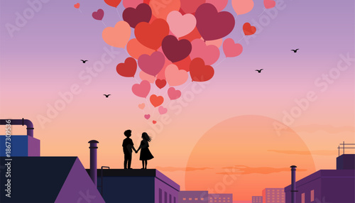 A loving couple stands hand in hand on an urban roof watching a stream of heart balloons float into a vibrant pink sunset. Valentines Day vector Background.