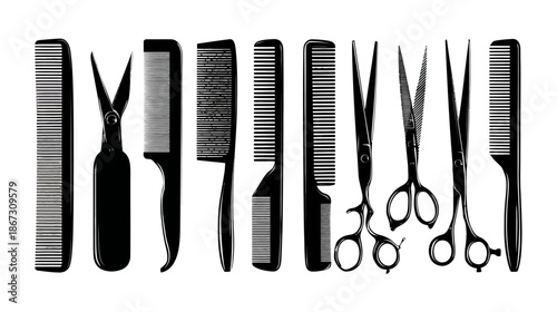 Professional black hair combs and sharp hair cutting scissors, essential hairdressing and barber tools isolated on white.