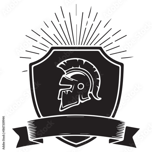 Graphic Ancient Warrior Helmet on a Shield with Radiating Lines and Banner