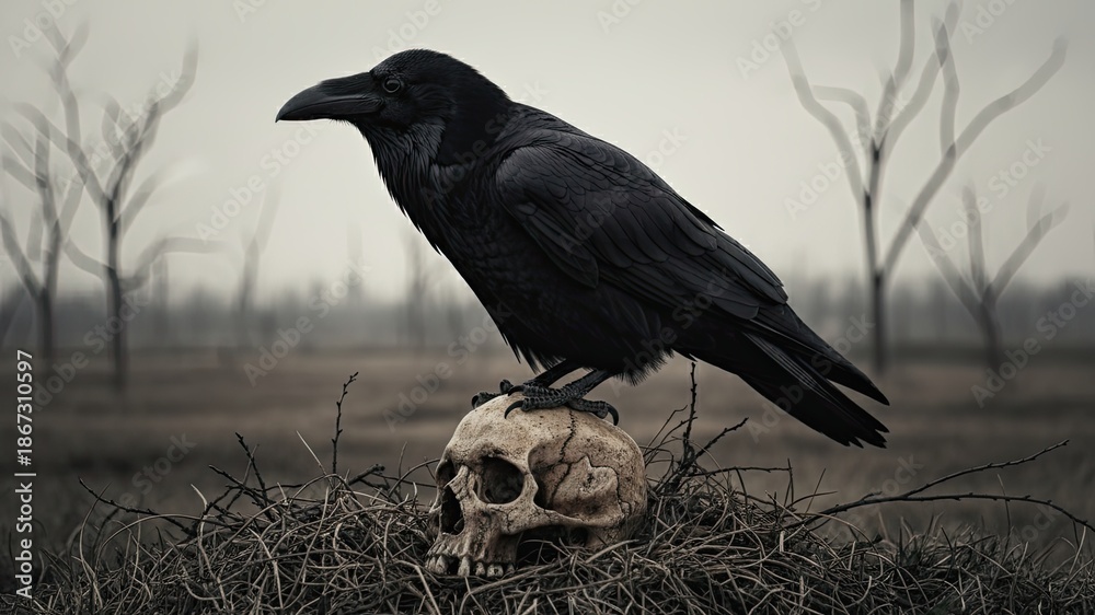 Obraz premium Mysterious Sentinel: A sleek raven perches atop a weathered skull, framed by a barren, misty landscape. The image evokes a sense of somber introspection and the quiet anticipation of the unknown.