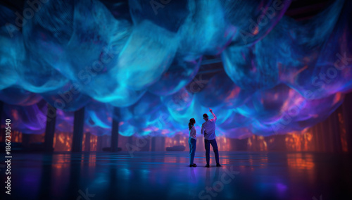 Immersive artwork with couple exploring glowing digital cloud installation. Concept of interactive technology, emotional experience, future media art, innovation presentation, experiential marketing.