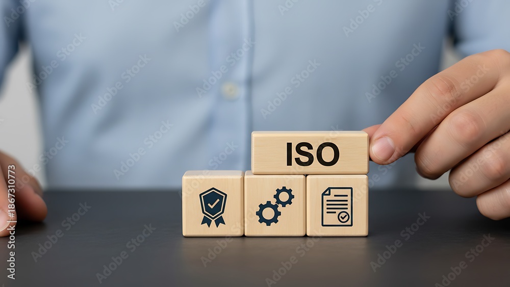 Naklejka premium Businessman placing iso block on top of quality management cubes on a table in office