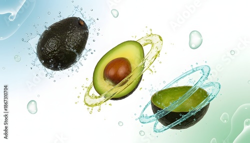 floating whole and half avocados, skin and seed on white background