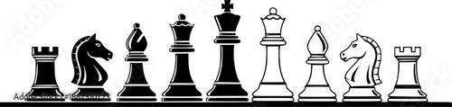 Black and white chess pieces illustration with simple design on transparent background silhouette