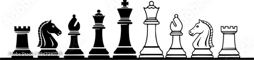Black and white chess pieces illustration with simple design on transparent background silhouette