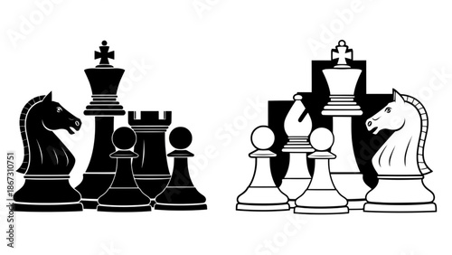 Black and white chess pieces illustration with simple design on transparent background silhouette