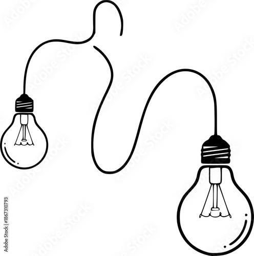 a minimalist line drawing depicts two hanging lightbulbs and a trailing filament offering a modern aesthetic on transparent background silhouette high quality professional detailed elegant stylish 