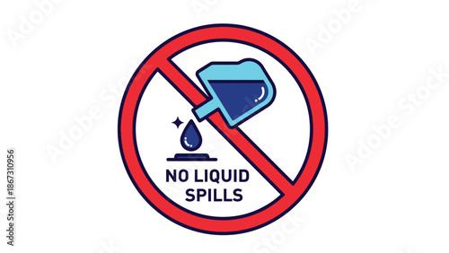 Prohibition sign clearly illustrating a container pouring blue liquid onto a surface with a single drop falling is strictly forbidden indicating no liquid spills allowed anywhere.
