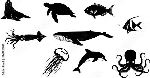 a collection of marine life icons including a seal turtle fish squid whale jellyfish dolphin and octopus silhouette on transparent background high quality professional detailed modern