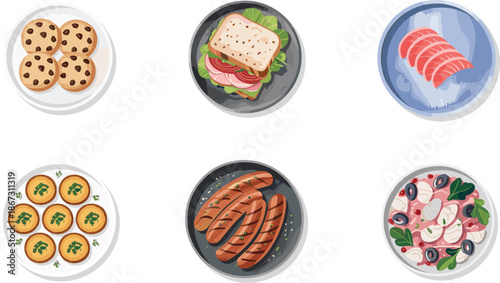 Assorted food plates set with chocolate chip cookies, healthy sandwich, sashimi, grilled sausages, and salad, isolated vector illustration collection.
