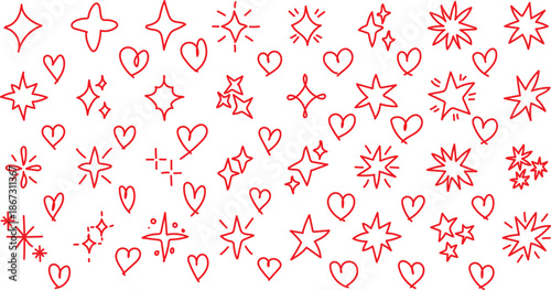 Doodle glitter twinkle star icons set. Hand drawn shine star burst symbol. Hand-drawn red doodle stars and hearts collection with sparkle accents on white background. 