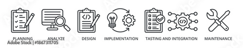 Software development banner icon with planning, analyze, design, implementation, tasting and integration, maintenance
