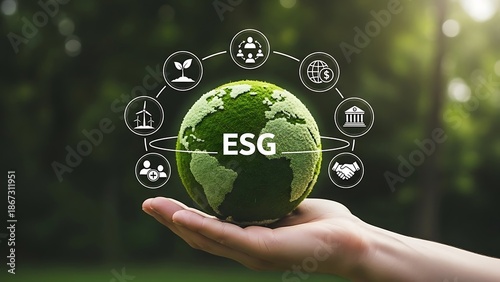 Hand holding a green globe with esg icons around it representing environmental sustainability and social governance
