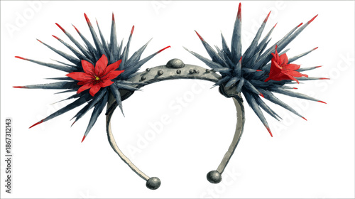 Edgy Spiked Headband with Red Flowers and Dark Tones. Unique Gothic Fashion Accessory for Alternative Style Statement.