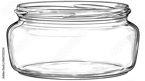 Empty clear glass jar sketch illustration. Hand drawn transparent food storage container with screw top, isolated on white background.
