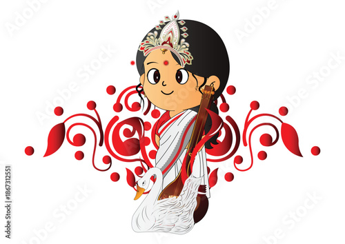Goddess Saraswati Illustration with Veena and
Swan - Hindu Devi of Wisdom and Music Vector for
Vasant Panchami Festival