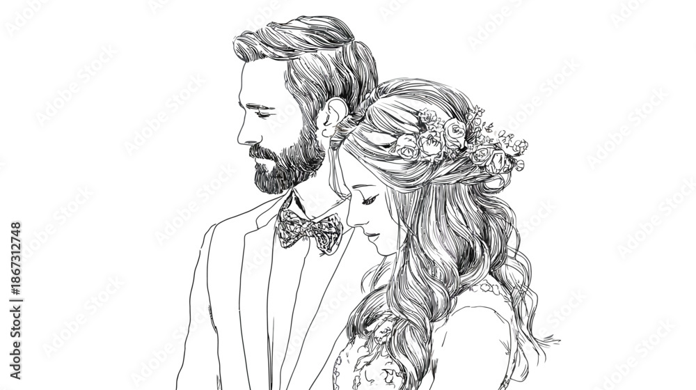 Fototapeta premium Elegant line art portrait of a loving couple, hand-drawn illustration capturing romantic wedding intimacy and tender embrace.