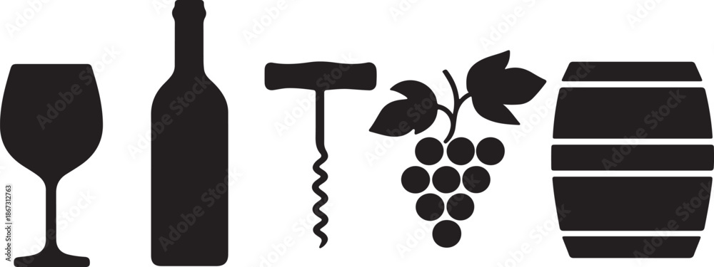 Obraz premium Wine icons silhouette set glass, bottle, grapes, barrel vector illustration