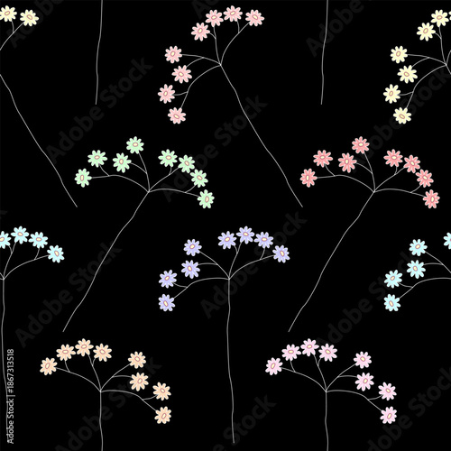 Floral seamless pattern with blue wild flowers on black background