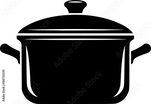 Black silhouette of a classic cooking pot with a lid and side handles, minimalist flat vector cookware icon for kitchen apps, recipes, and UI design