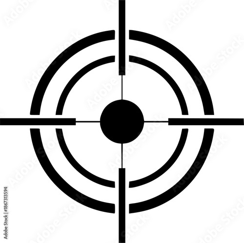 Black crosshair target icon featuring concentric circles and four radial bars, minimal vector glyph for UI designs, precision targeting symbol