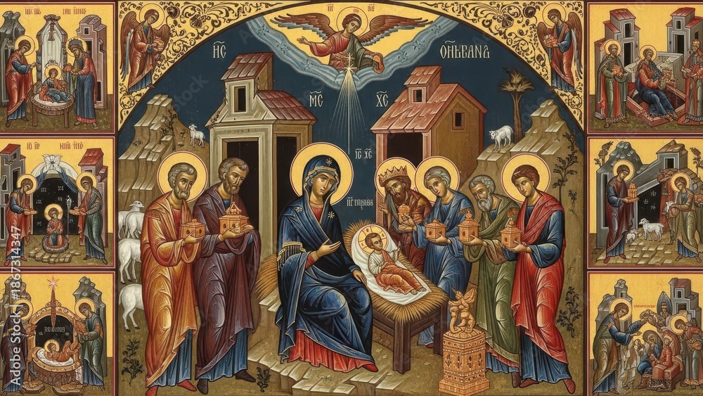 Obraz premium Traditional Eastern Orthodox Icon of the Nativity of Jesus Christ with Surrounding Scenes