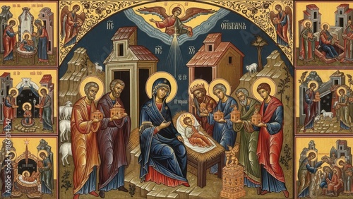 Traditional Eastern Orthodox Icon of the Nativity of Jesus Christ with Surrounding Scenes