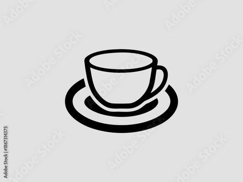 Black line art illustration of a cup and saucer on a plain background, simple elegant design for graphic resources and creative projects with icon