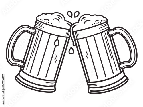 Two beer mugs clinking together with frothy foam and handles visible, celebration scene with party and drink and alcohol and beverage and festivity