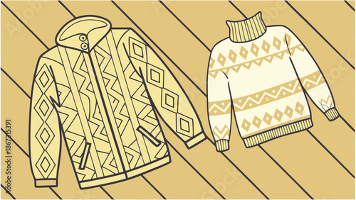 Illustrated outerwear featuring a zip up hooded sweater and a turtleneck sweater with diamond patterns set against a diagonally patterned wooden surface