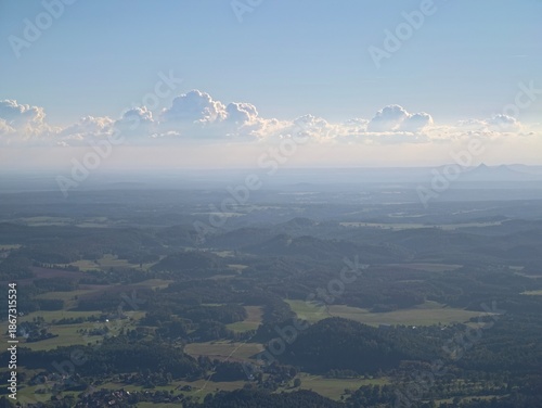 Konstfotografi serene outdoor scenery with clouds and fields, tranquil aerial view of countrysi