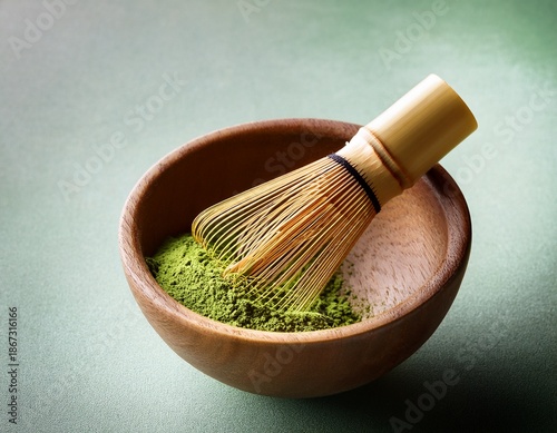 wooden bowl of matcha powder with bamboo whisk