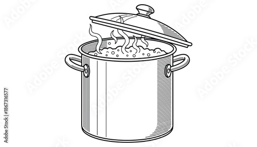 Metal cooking pot on stove with boiling food, rising steam drawing vector illustration clip art