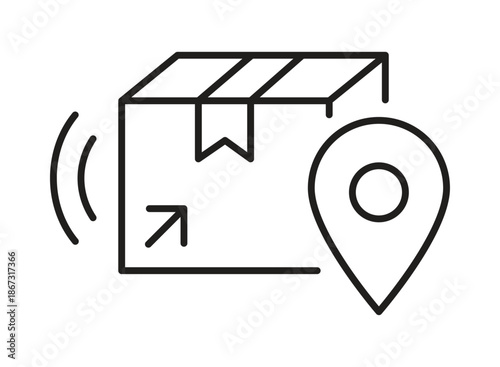 A simple black and white line icon shows a package box with a location pin and tracking signal isolated on a white background