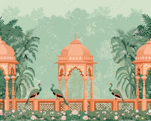 A serene illustration of a peach palace with peacocks in a lush garden