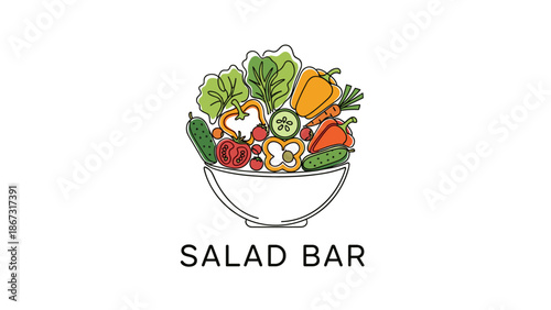 Fresh salad bar illustration with assorted vegetables and fruits in a bowl