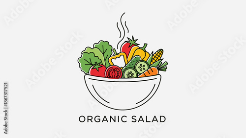 A vibrant organic salad in a bowl, viewed from above, surrounded by a clean white background