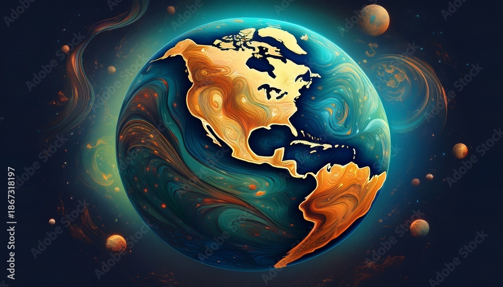 Naklejka premium the earth a blue and green sphere floats in the vast expanse of space its surface adorned with a pattern of brown and orange hues the backdrop is a dark blue sky dotted